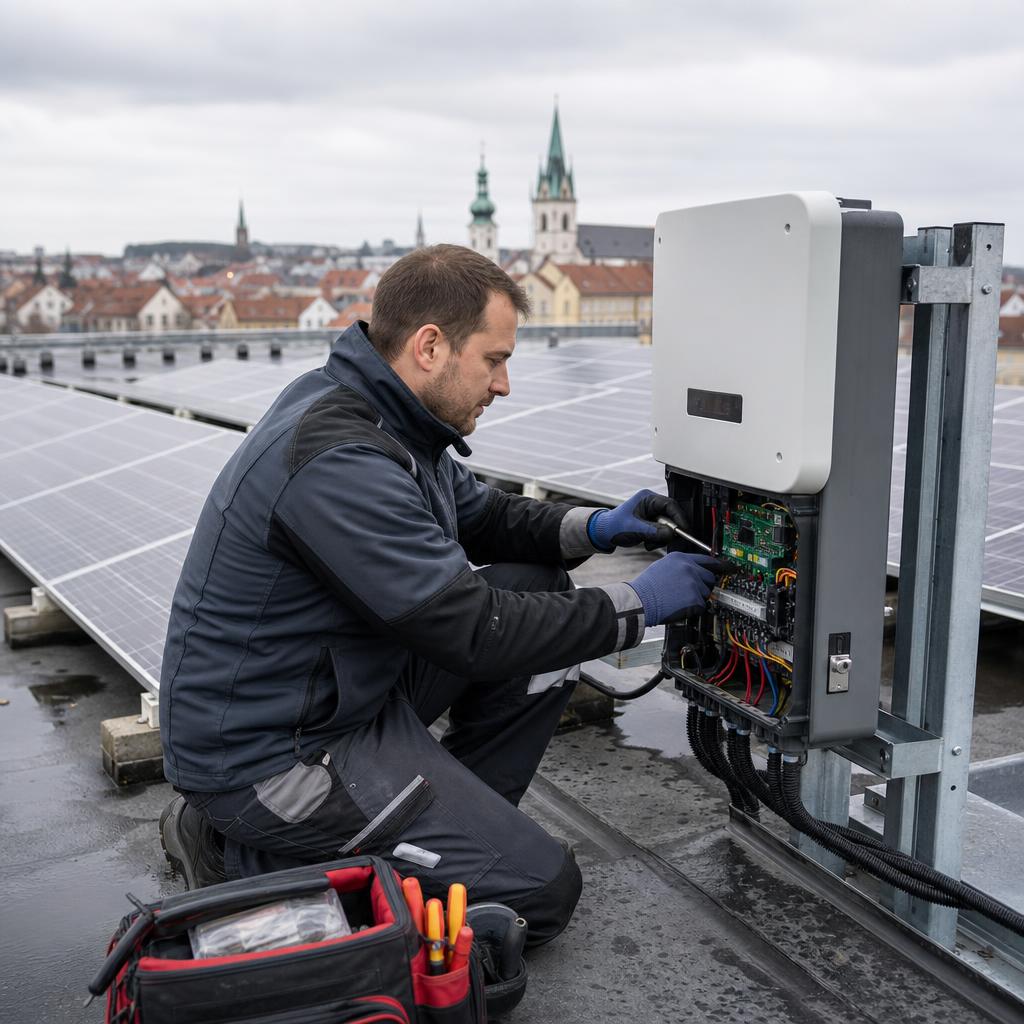 Fotovoltaické panely při odborné kontrole FVE